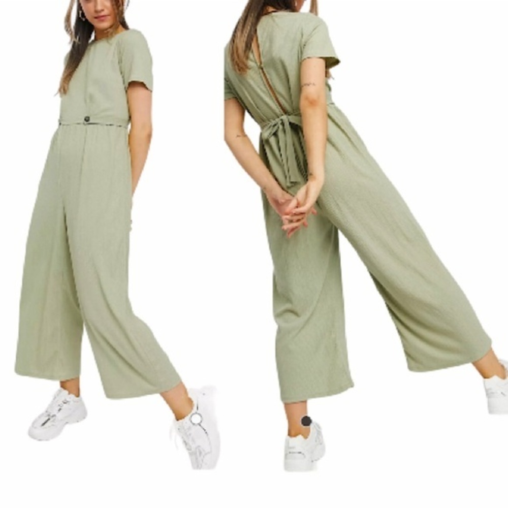 ASOS DESIGN Back Button and Tie Detail Short Sleeve Stretchy Jumpsuit in Olive 0